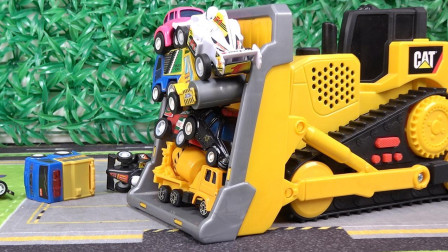 儿童玩具车视频: 推土机工作表演清理小汽车砖块和石子