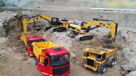 儿童巨型仿真挖掘机玩具和翻斗车玩具一起挖沙子