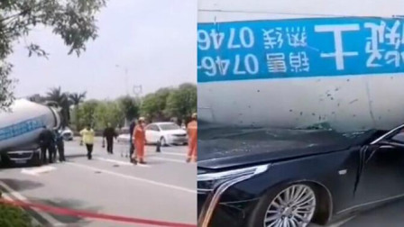 湖南零陵一辆水泥罐车侧翻压垮凯迪拉克 造成2死1伤-交通事故