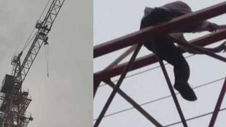 甘肃一男子冒雨爬40米高吊塔以自杀相要挟讨要工资, 因寻衅滋事被拒!