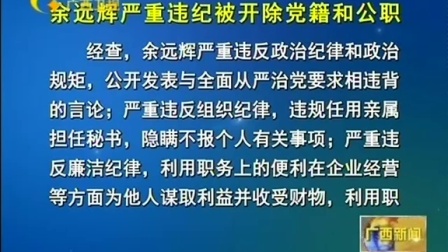 余远辉严重违纪被开除党籍和公职 151017 广西新闻